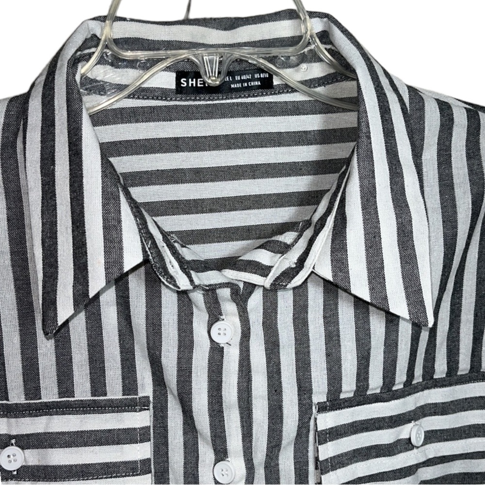SHEIN Striped Flap Pocket Drop Shoulder Button Down Blouse Shirt - Picture 4 of 5